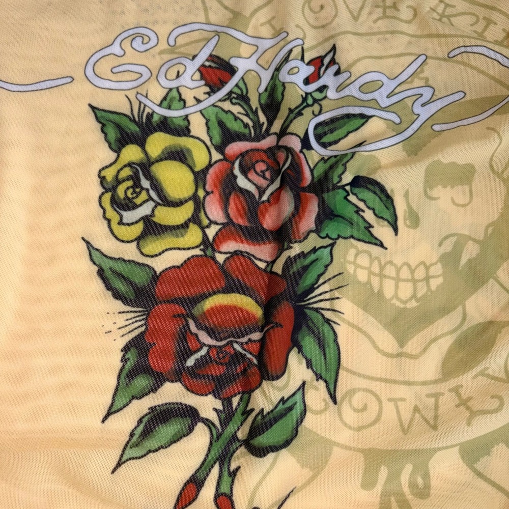 Ed Hardy Skirt Set Yellow New Tattoo Mesh Rhinestone Y2K 2 Piece Top Mini Skirt - Picture 10 of 11